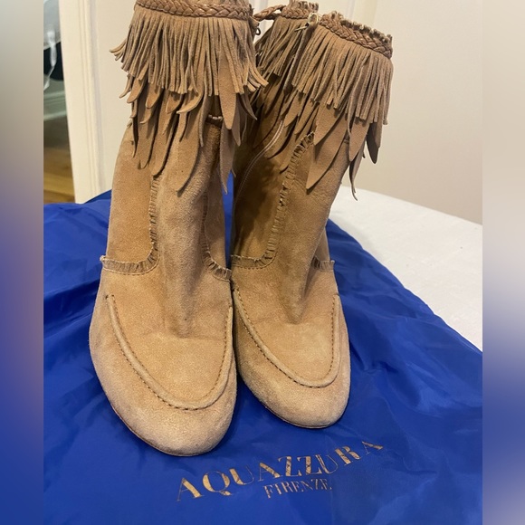 Aquazzura Beige Suede Ankle Booties / Boots - With Fringe - Size 8 - Picture 2 of 6